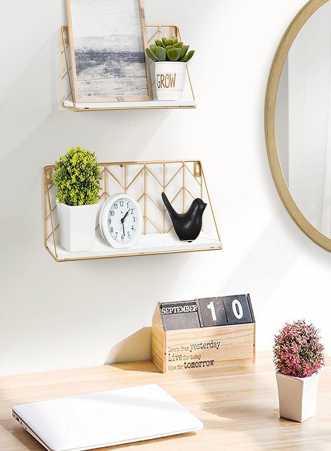 ZGZD White Versatile Wood Floating Shelf with Gold Metal Wire Frame - Stylish Wall Decor and Storage Solution for Living Room, Bedroom, Bathroom, Kitchen, Office, Set of 2 - Image 5